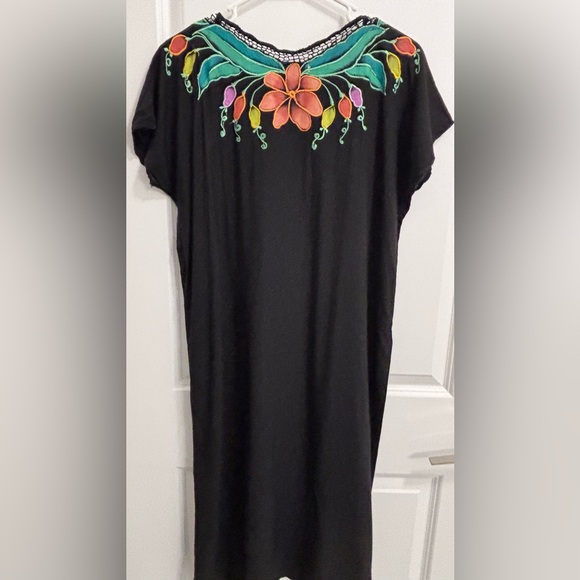 Bali Moon Floral Flowy Black Shift Dress  embroidered trim flowers - Picture 6 of 8